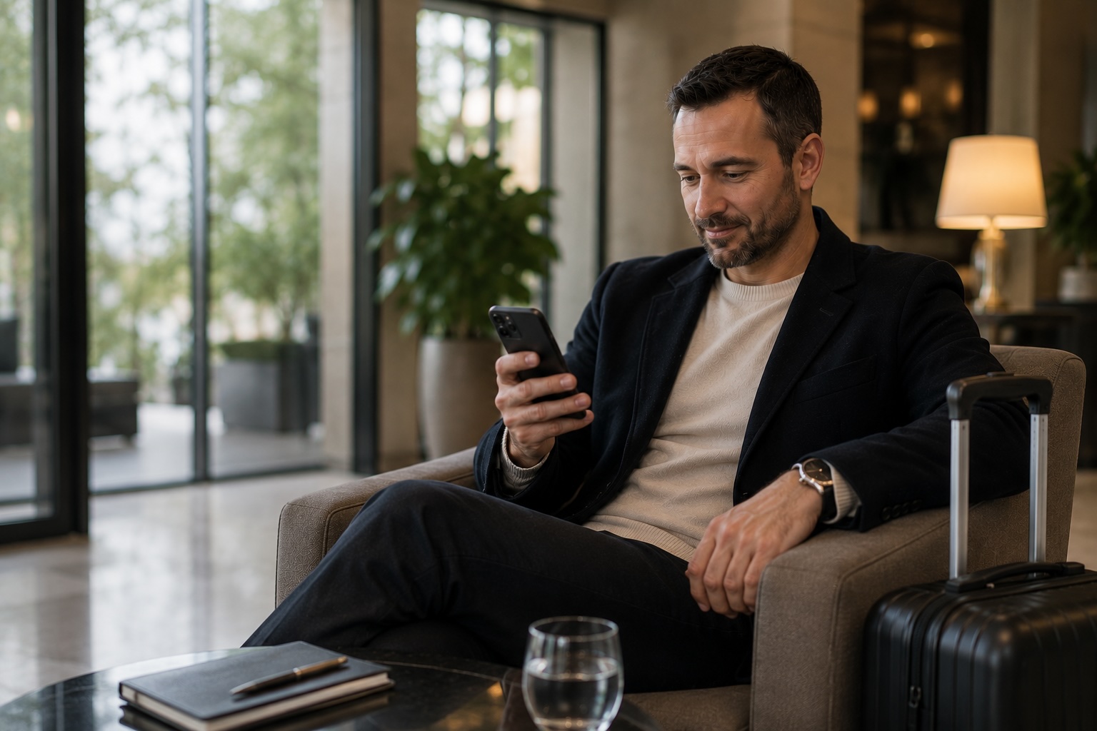 Traveler with luggage messaging concierge support