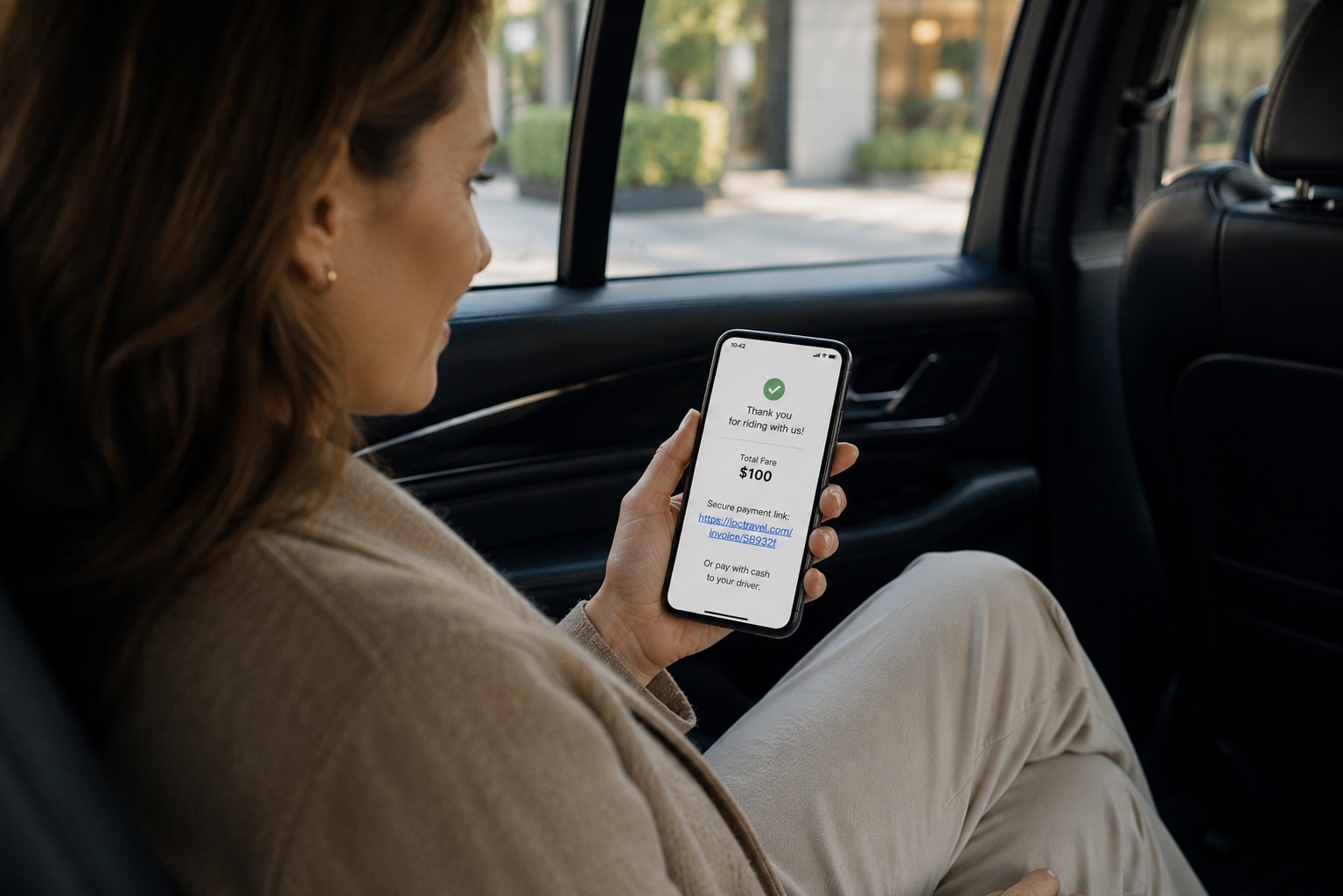 Traveler checking payment details after a chauffeur ride